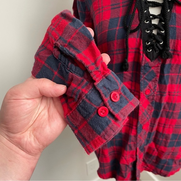 Vintage Y2K Grunge UK2LA Plaid Lace Up Closure Long Sleeve Top Red/Black Size S - Picture 3 of 8